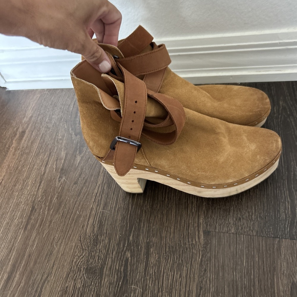 Free People Bungalow Suede Clog Leather Booties Wood Sole Women's Size 38 - Picture 3 of 10